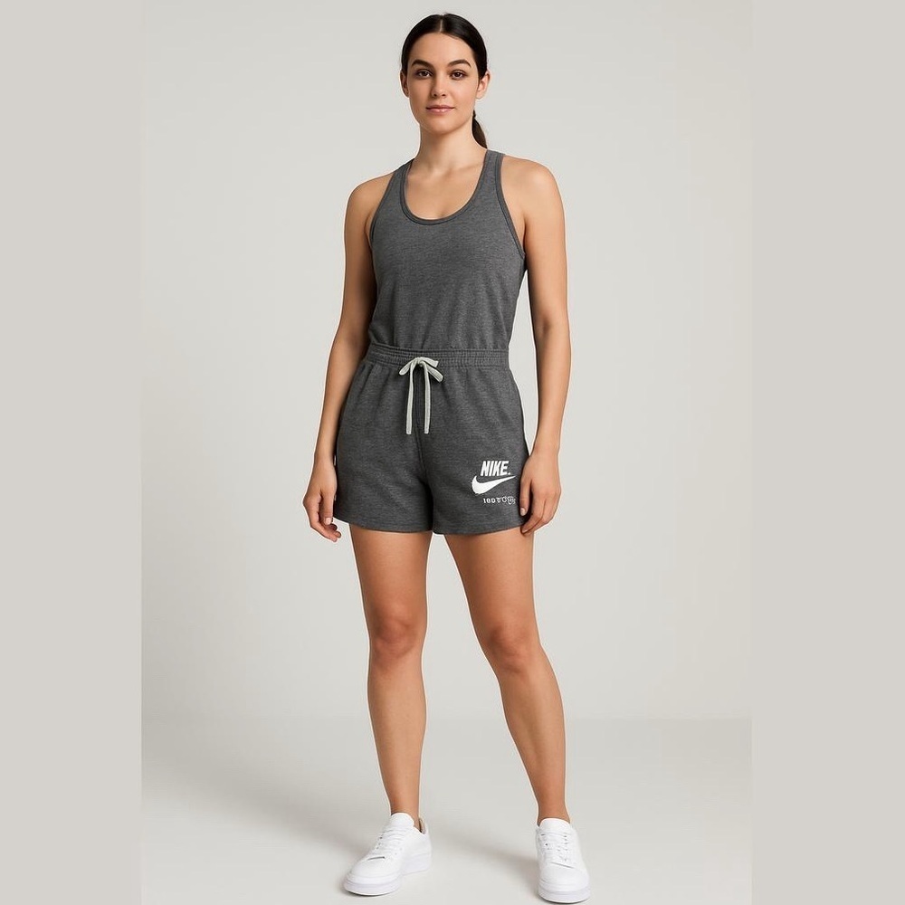Nike Gym Romper Size Small Heathered Gray Racerback Tie at Waist Pockets Vintage